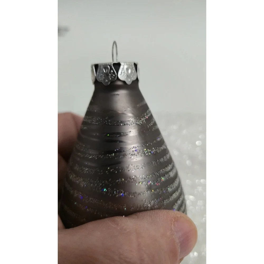 Large Vintage Silver Glitter Teardrop Christmas Ornament Striped Onion Shape
